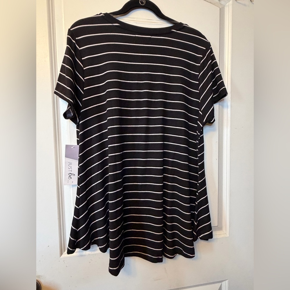 Just Be 1X Black and White Striped Short Sleeve Tee - Picture 3 of 6